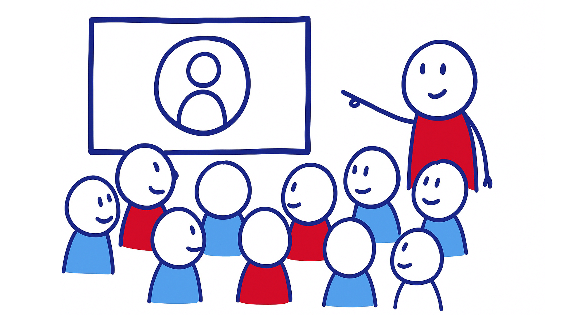 Illustratie van diverse poppetjes die samen kijken naar een scherm met pictogram, begeleid door een figuur dat wijst naar het beeld – blog over brede doelgroep aanspreken.