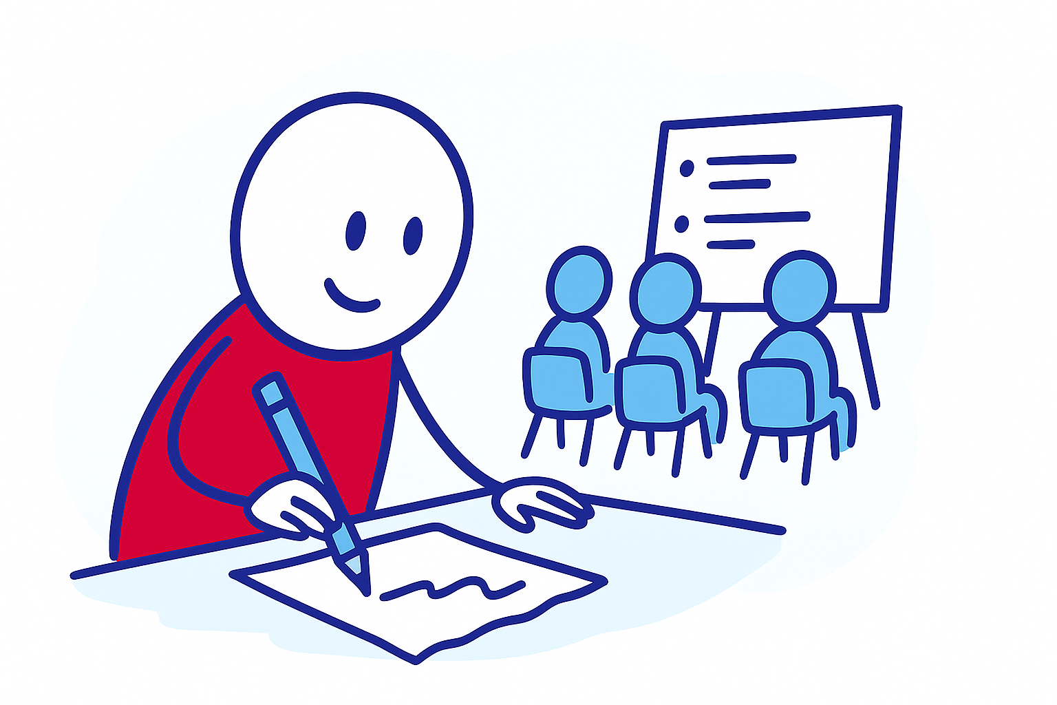 Docent werkt met potlood terwijl klas luistert naar uitleg op whiteboard – betekenisvol onderwijs zonder PowerPoint